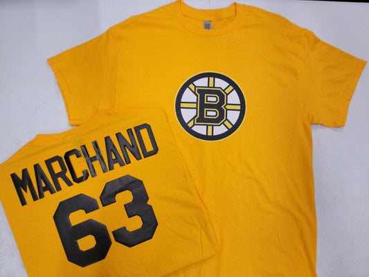 Mens NHL Team Apparel Boston Bruins BRAD MARCHAND Hockey Shirt GOLD