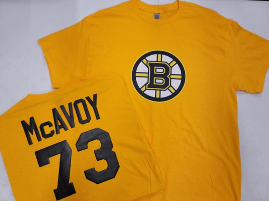 Mens NHL Team Apparel Boston Bruins CHARLIE McAVOY Hockey Shirt GOLD