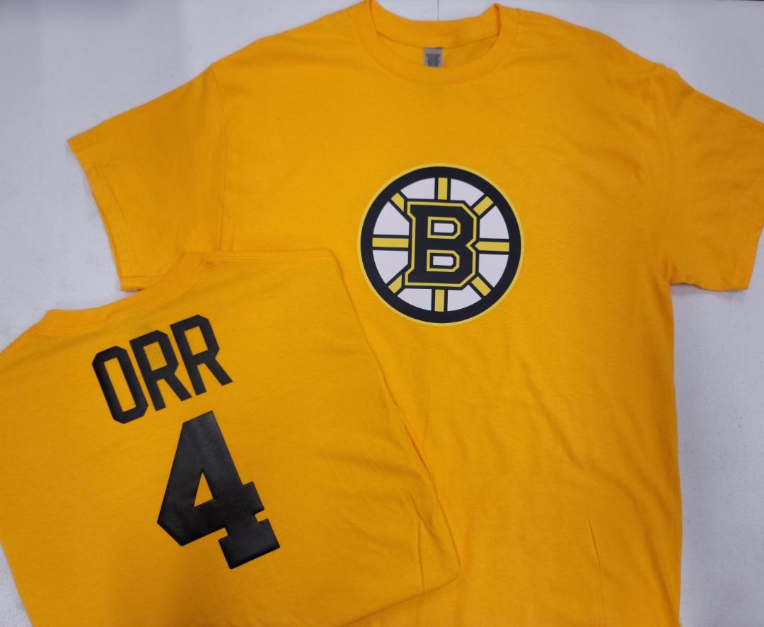 Mens NHL Team Apparel Boston Bruins BOBBY ORR Hockey Shirt GOLD
