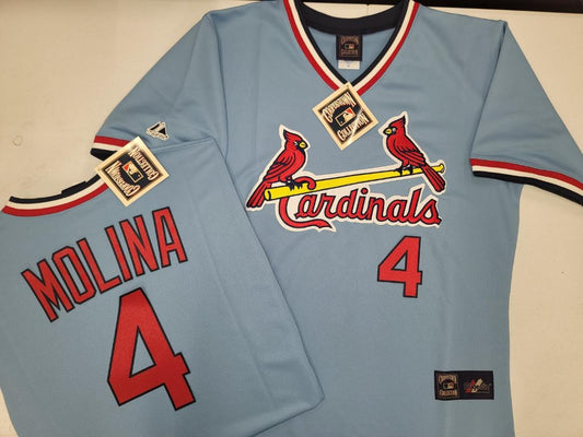 Mens Majestic Cooperstown Collection St Louis Cardinals YADIER MOLINA Baseball Jersey Powder Blue