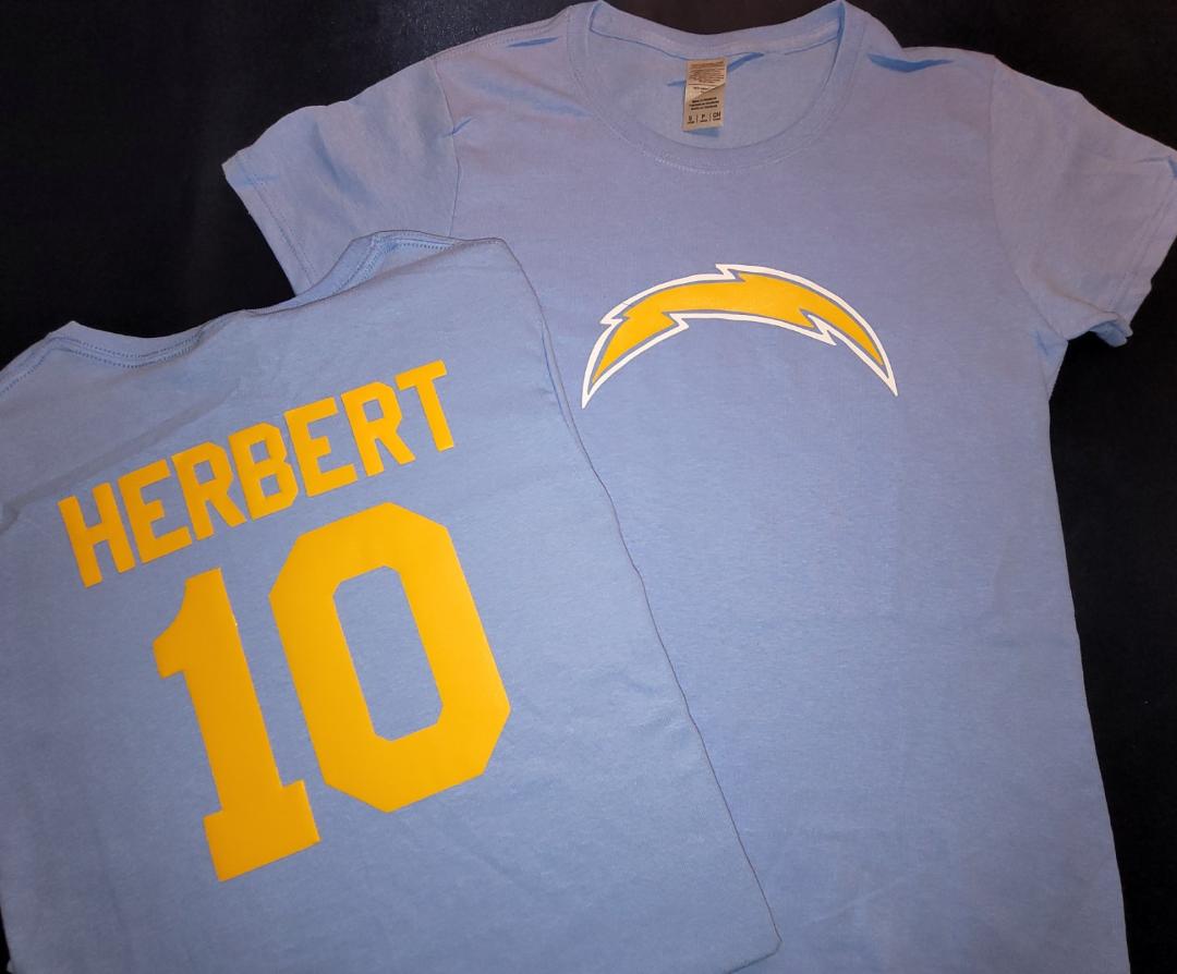 WOMENS NFL Team Apparel San Diego Chargers JUSTIN HERBERT Crew Neck Jersey Shirt BLUE