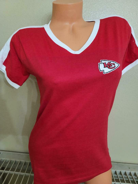Womens Ladies KANSAS CITY CHIEFS "V-Neck" Football Ringer Shirt NEW