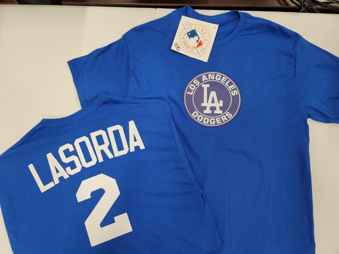 Mens MLB Team Apparel Los Angeles Dodgers TOMMY LASORDA Baseball Shirt ROYAL