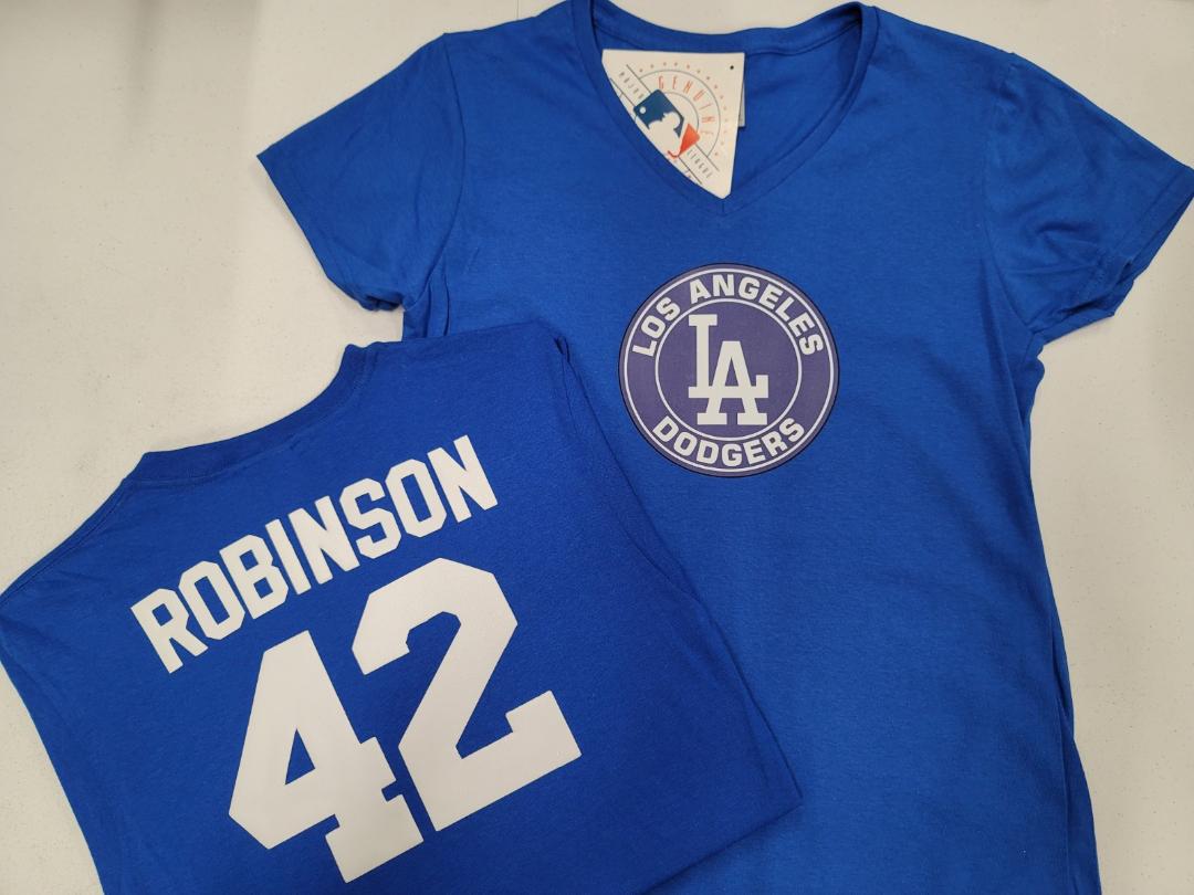 MLB Team Apparel Womens Los Angeles Dodgers JACKIE ROBINSON V-Neck Baseball Shirt ROYAL