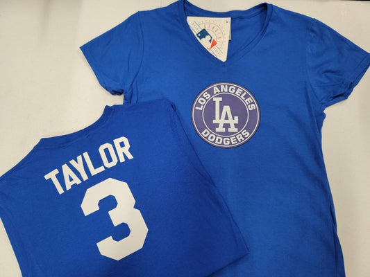 MLB Team Apparel Womens Los Angeles Dodgers CHRIS TAYLOR V-Neck Baseball Shirt ROYAL