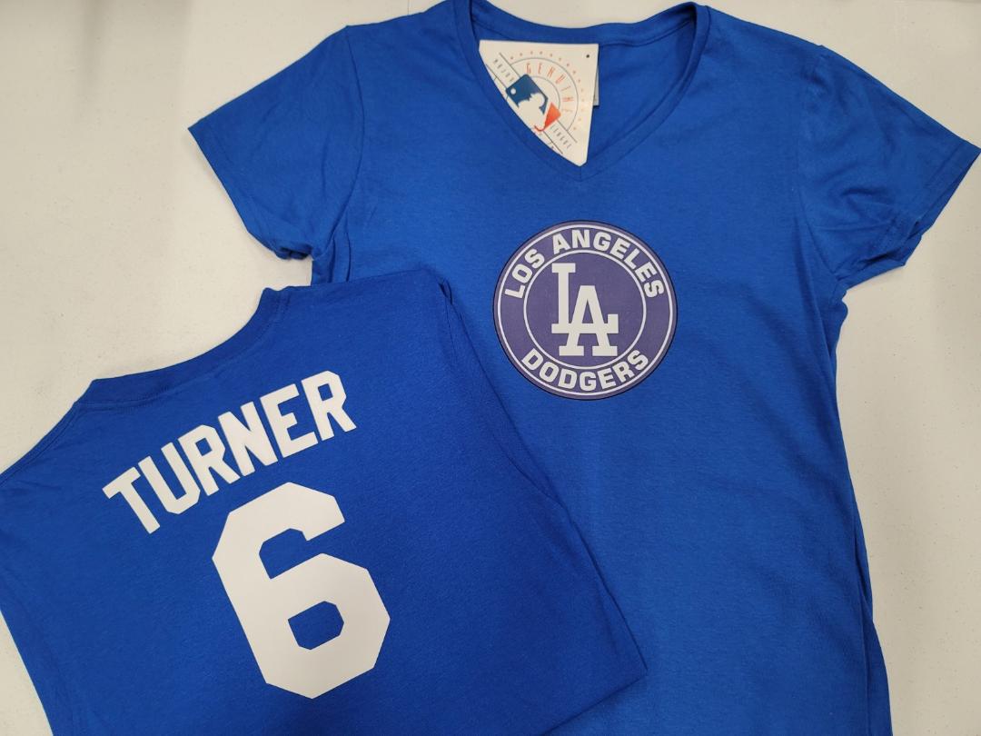 MLB Team Apparel Womens Los Angeles Dodgers TREA TURNER V-Neck Baseball Shirt ROYAL