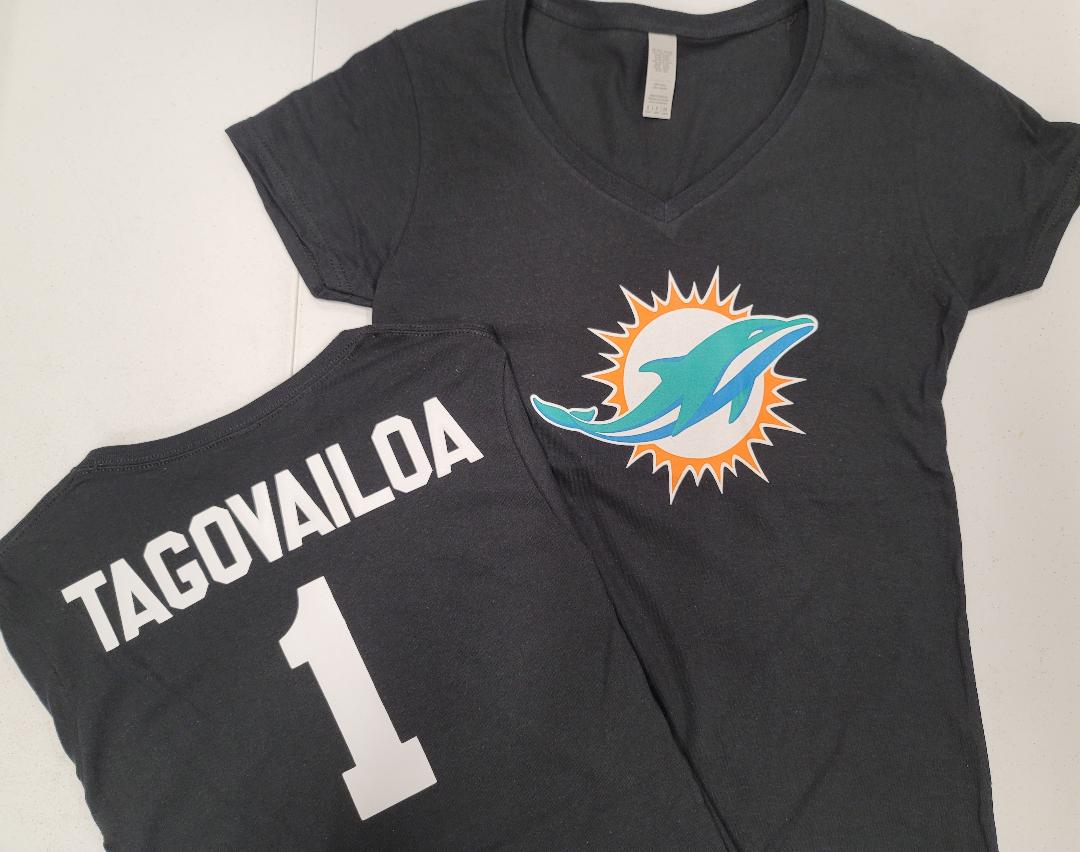 NFL Team Apparel Womens Miami Dolphins TUA TAGOVAILOA V-Neck Football Shirt BLACK