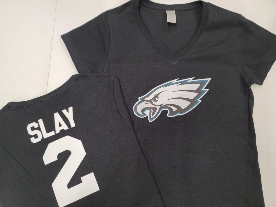 NFL Team Apparel Womens Philadelphia Eagles DARIUS SLAY V-Neck Football Shirt BLACK