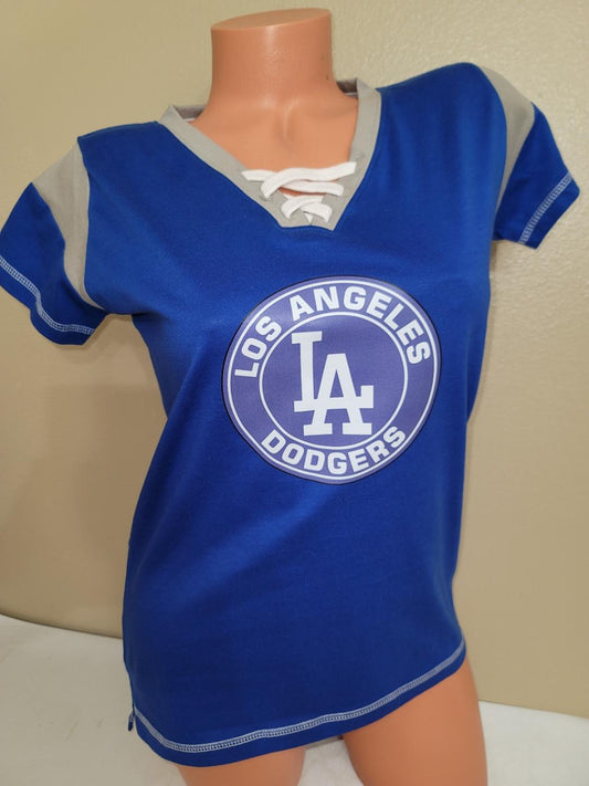 MLB Team Apparel Womens Ladies LOS ANGELES DODGERS "Laces" Baseball SHIRT Blue