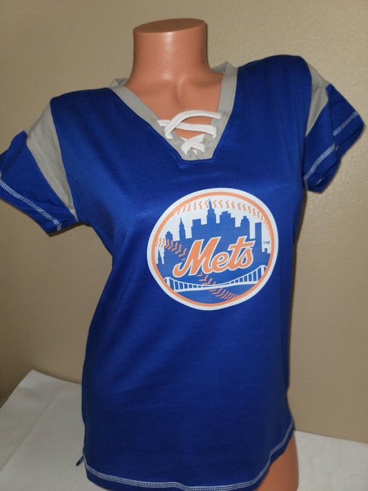 MLB Team Apparel Womens Ladies NEW YORK METS "Laces" Baseball SHIRT Blue