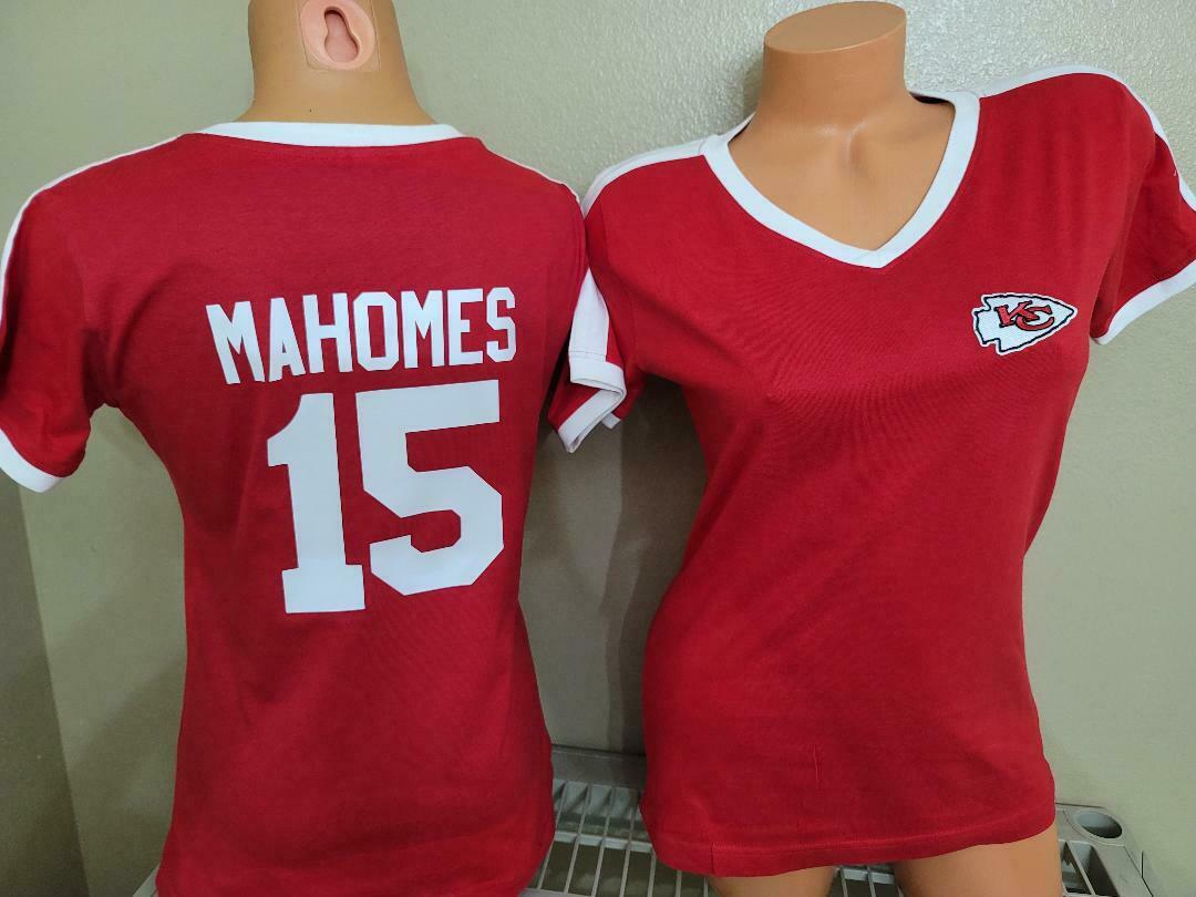Womens Chiefs PATRICK MAHOMES "V-Neck" Football Jersey Ringer Shirt NEW