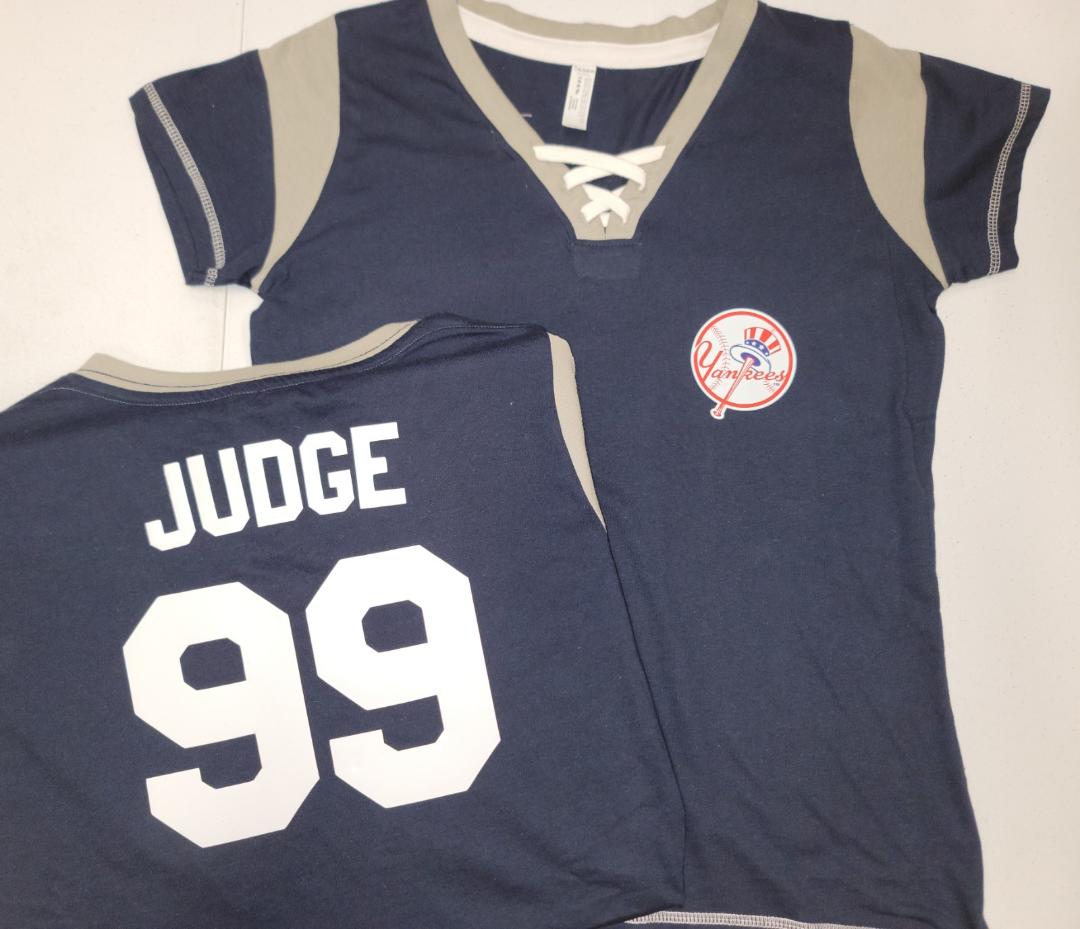 MLB Team Apparel Womens New York Yankees AARON JUDGE "Laces" Baseball Shirt NAVY