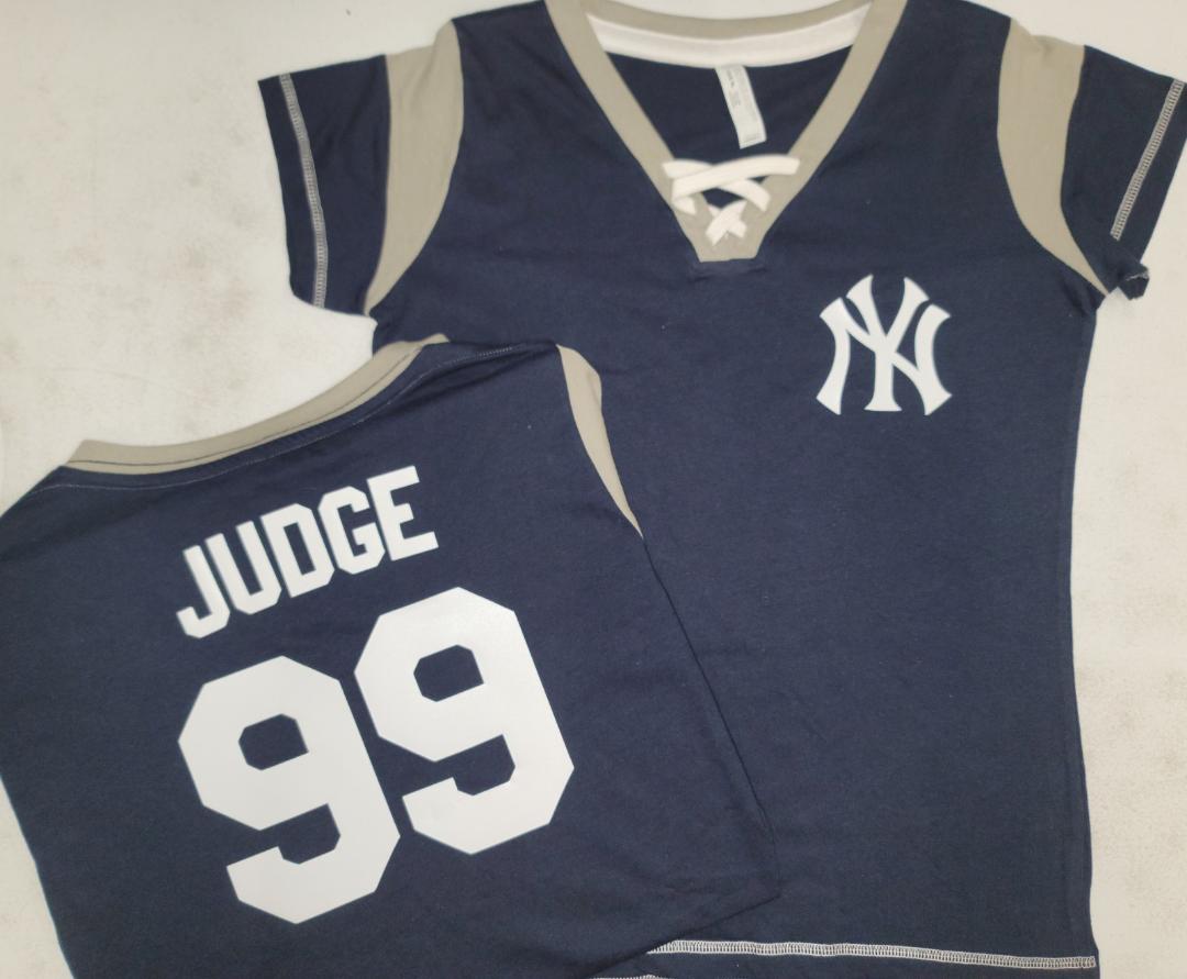 MLB Team Apparel Womens New York Yankees AARON JUDGE "Laces" Baseball Shirt NAVY