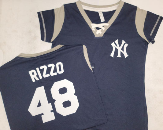 MLB Team Apparel Womens New York Yankees ANTHONY RIZZO "Laces" Baseball Shirt NAVY