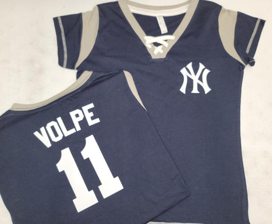 MLB Team Apparel Womens New York Yankees ANTHONY VOLPE "Laces" Baseball Shirt NAVY