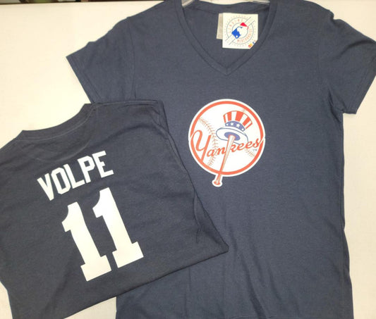 MLB Team Apparel Womens New York Yankees ANTHONY VOLPE V-Neck Baseball Shirt NAVY