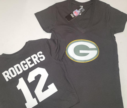 NFL Team Apparel Womens Green Bay Packers AARON RODGERS V-Neck Football Shirt BLACK