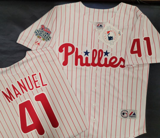 Majestic Philadelphia Phillies CHARLIE MANUEL 2008 World Series Champions Baseball Jersey WHITE P/S