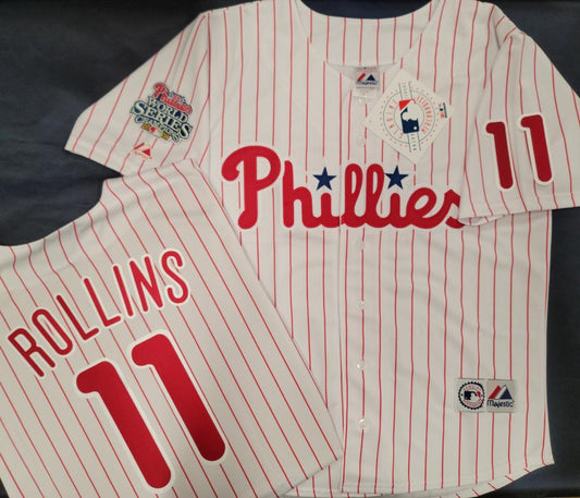 Majestic Philadelphia Phillies JIMMY ROLLINS 2008 World Series Champions Baseball Jersey WHITE P/S