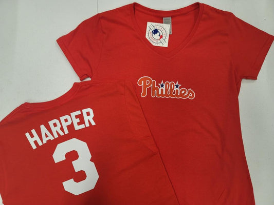 MLB Team Apparel Womens Philadelphia Phillies BRYCE HARPER V-Neck Baseball Shirt RED