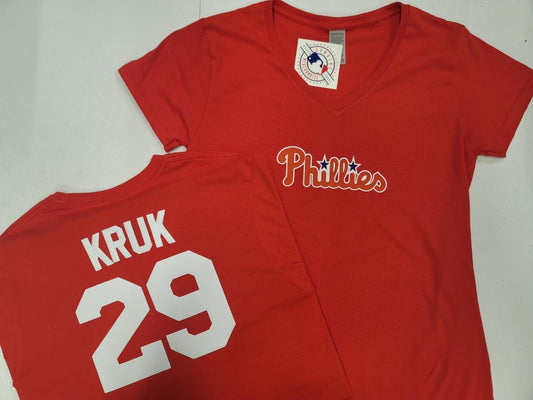 MLB Team Apparel Womens Philadelphia Phillies JOHN KRUK V-Neck Baseball Shirt RED
