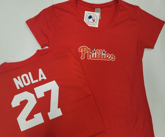 MLB Team Apparel Womens Philadelphia Phillies AARON NOLA V-Neck Baseball Shirt RED