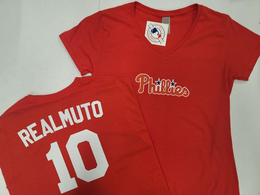MLB Team Apparel Womens Philadelphia Phillies JT REALMUTO V-Neck Baseball Shirt RED