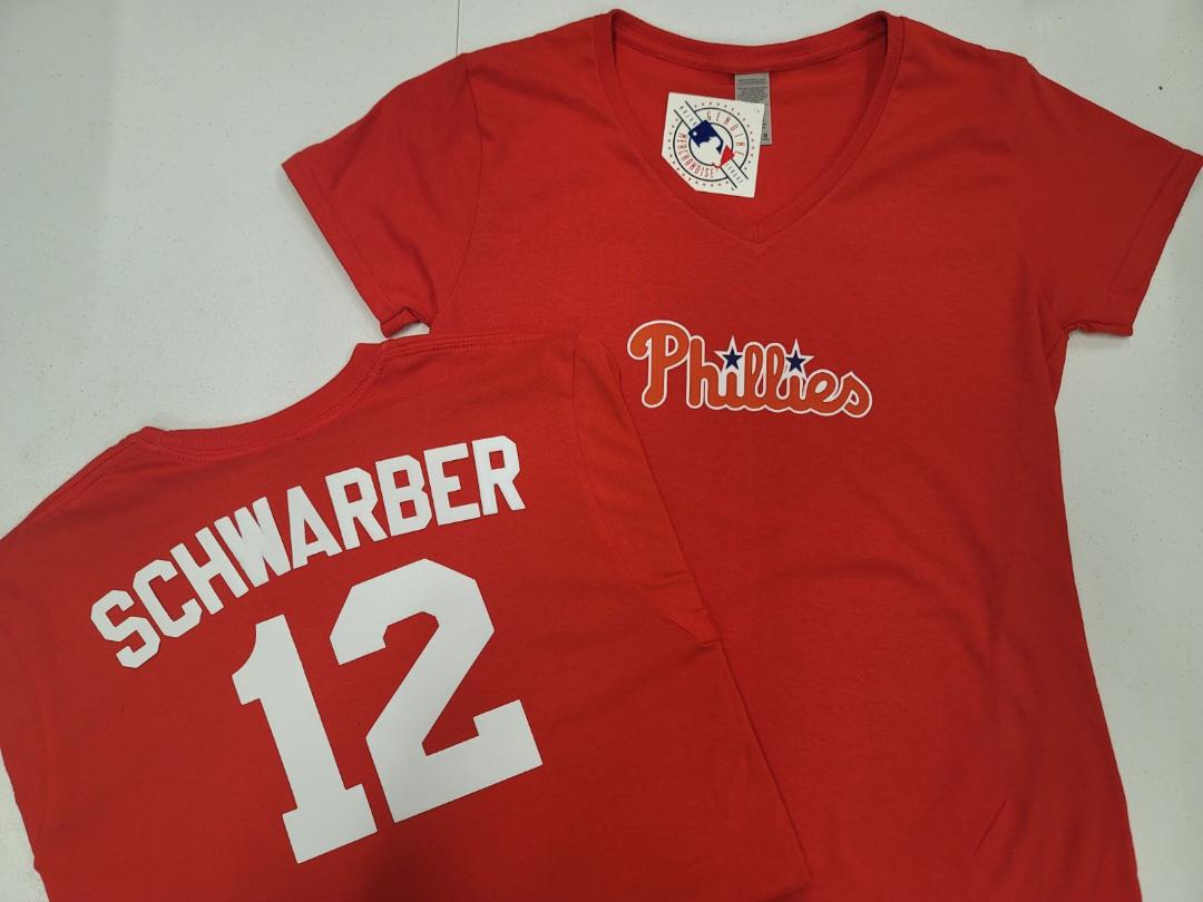 MLB Team Apparel Womens Philadelphia Phillies KYLE SCHWARBER V-Neck Baseball Shirt RED