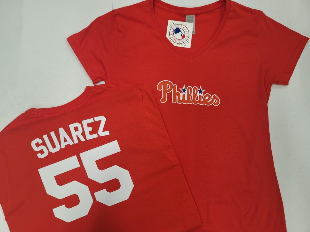 MLB Team Apparel Womens Philadelphia Phillies RANGER SUAREZ V-Neck Baseball Shirt RED