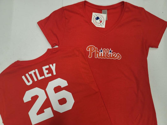 MLB Team Apparel Womens Philadelphia Phillies CHASE UTLEY V-Neck Baseball Shirt RED