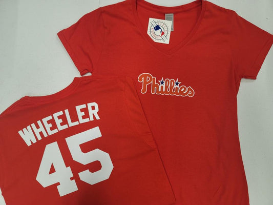 MLB Team Apparel Womens Philadelphia Phillies ZACK WHEELER V-Neck Baseball Shirt RED