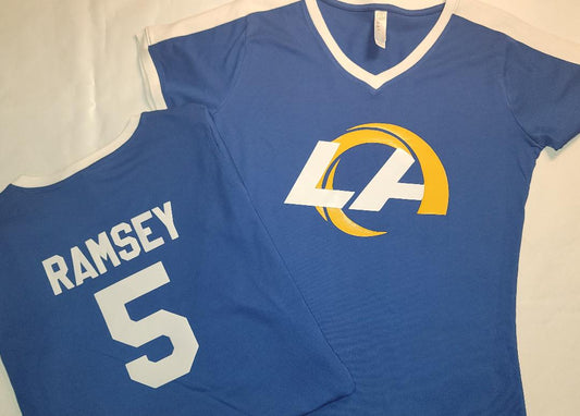 Womens NFL Team Apparel Los Angeles Rams JALEN RAMSEY "V-Neck" Football Jersey Ringer Shirt ROYAL