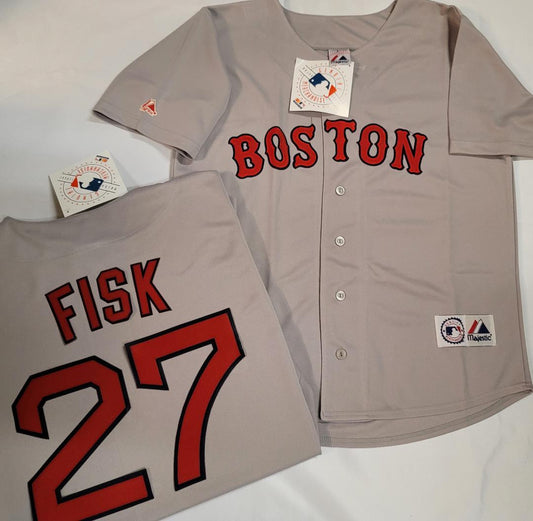 Mens Majestic Boston Red Sox CARLTON FISK Baseball Jersey GRAY