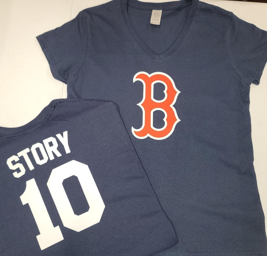 MLB Team Apparel Womens Boston Red Sox TREVOR STORY V-Neck Baseball Shirt NAVY