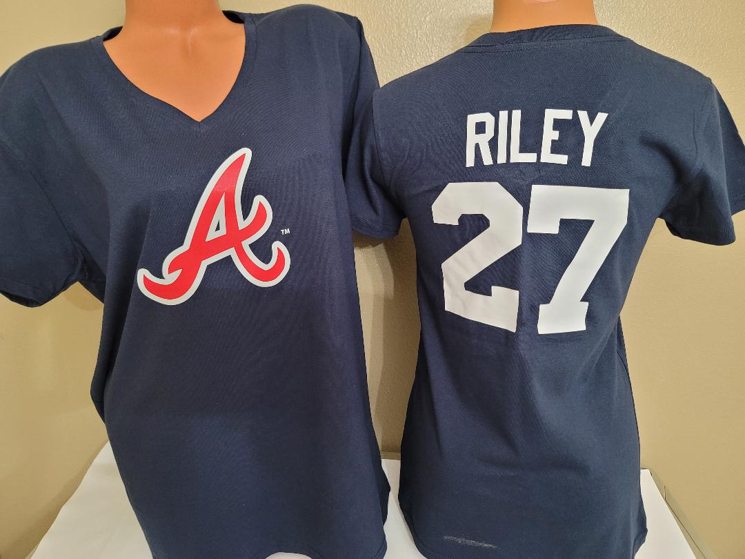 MLB Team Apparel Womens Atlanta Braves AUSTIN RILEY V-Neck Baseball Shirt NAVY