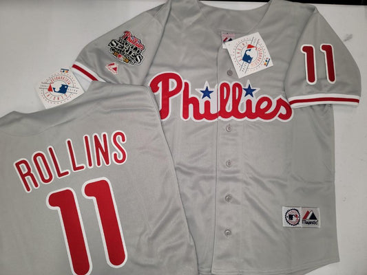Majestic Philadelphia Phillies JIMMY ROLLINS 2008 World Series Champions Baseball Jersey GRAY All Sizes