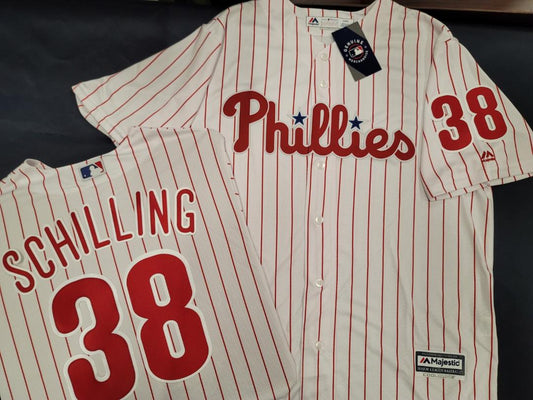 Majestic Philadelphia Phillies CURT SCHILLING Vintage Baseball Jersey WHITE P/S