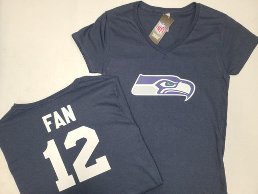 NFL Team Apparel Womens Seattle Seahawks FAN #12 V-Neck Football Shirt NAVY