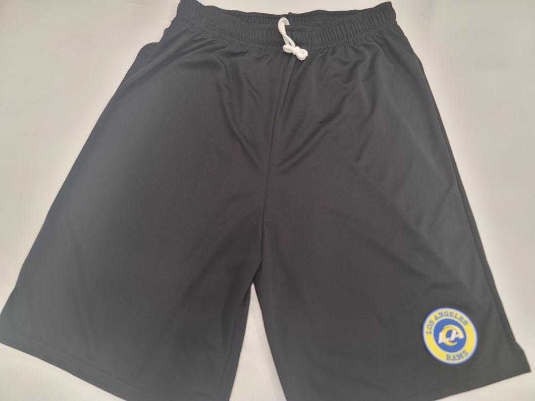 Mens NFL LOS ANGELES RAMS Moisture Wick Dri Fit SHORTS Embroidered Logo BLACK