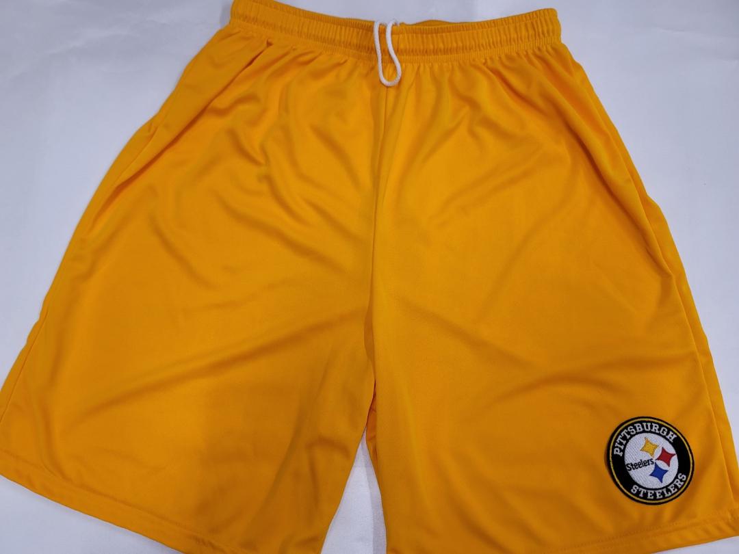 Mens NFL PITTSBURGH STEELERS Moisture Wick Dri Fit SHORTS Embroidered Logo GOLD