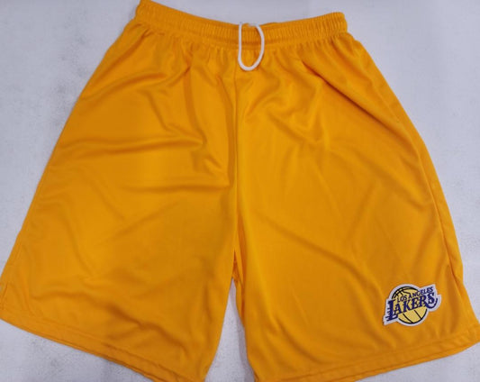 Mens NBA LOS ANGELES LAKERS Moisture Wick Dri Fit SHORTS Embroidered Logo GOLD