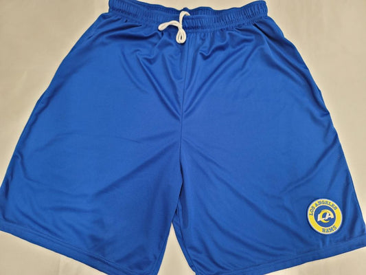 Mens NFL LOS ANGELES RAMS Moisture Wick Dri Fit SHORTS W/POCKETS Embroidered Logo ROYAL