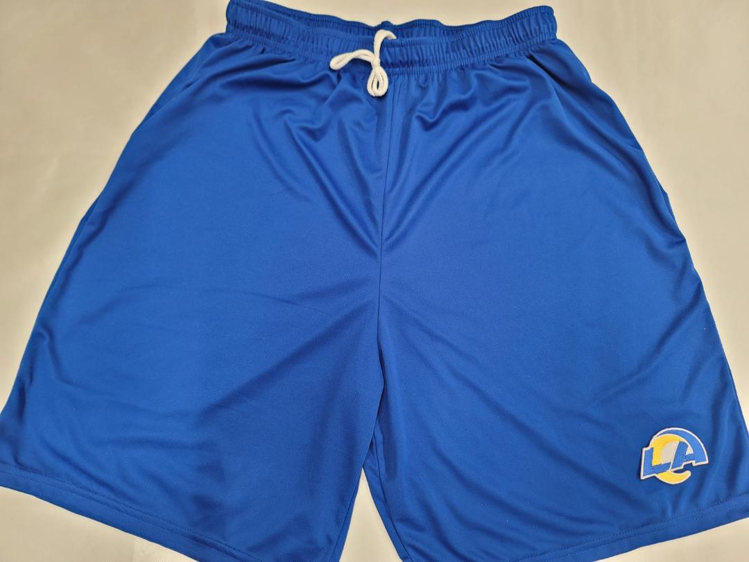 Mens NFL LOS ANGELES RAMS Moisture Wick Dri Fit SHORTS W/POCKETS Embroidered Logo ROYAL