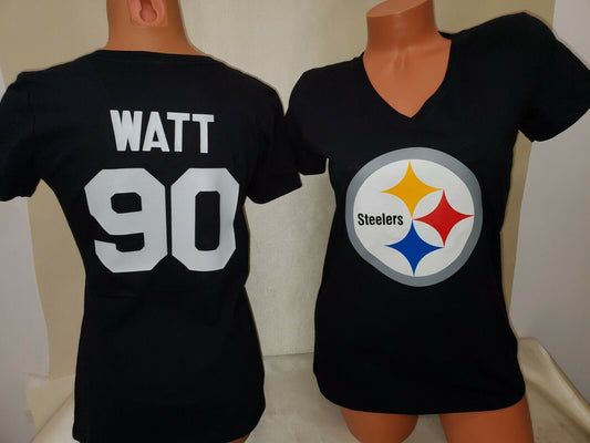 WOMENS Pittsburgh Steelers TJ WATT V-Neck Football Shirt BLACK