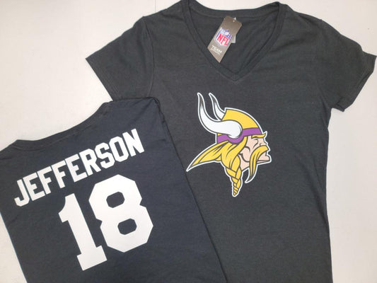 NFL Team Apparel Womens Minnesota Vikings JUSTIN JEFFERSON V-Neck Football Shirt BLACK