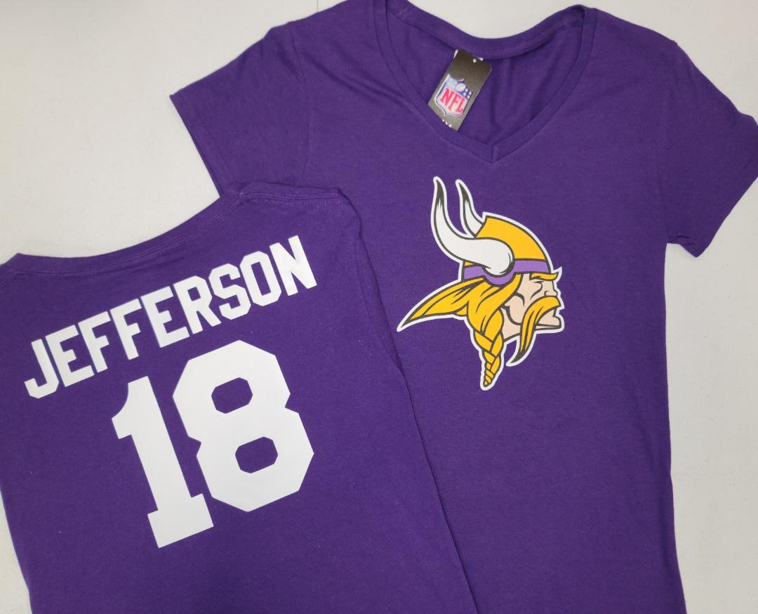 NFL Team Apparel Womens Minnesota Vikings JUSTIN JEFFERSON V-Neck Football Shirt PURPLE